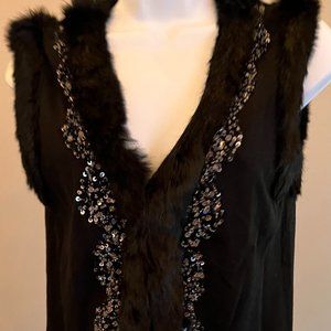 Vermani black sleeveless top vest fur trim silver beaded medium